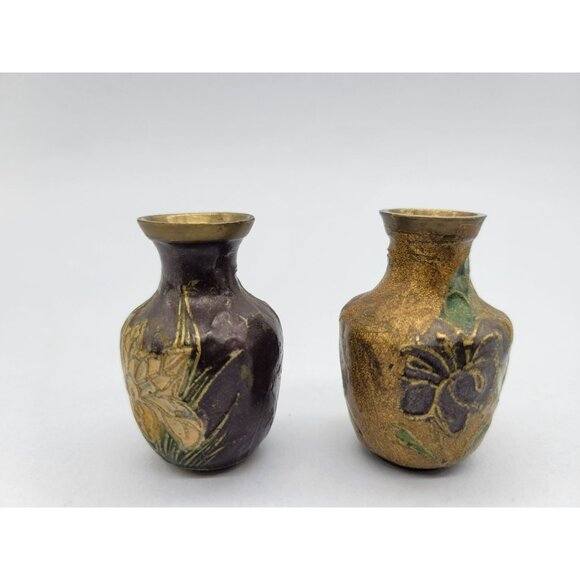 Pair Brass Enamel Floral Cloisonne Vases Miniature 2 inches - Picture 7 of 12